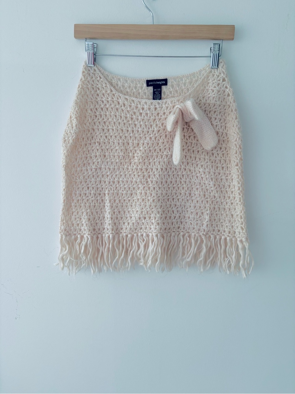 NWOT Knit crocheted poncho cream colored open-knit with a bow + fringe boho